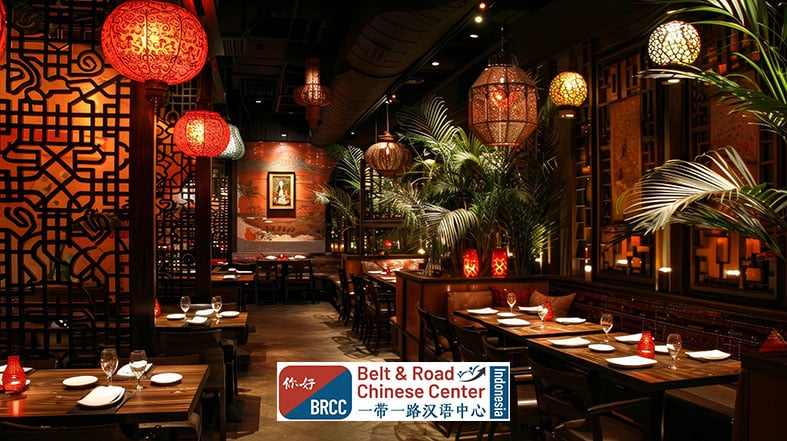 Meja makan restoran China elegan dengan lentera dan meja putar Lazy Susan