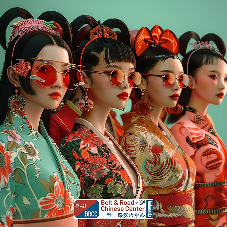 Tiga perempuan bergaya Tiongkok modern dengan bibir merah dan perhiasan emas simbol estetika fashion guochao