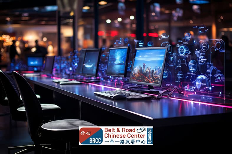 Ruang kantor bisnis futuristik dengan desain modern simbol ekosistem industri kreatif dan game development di Tiongkok
