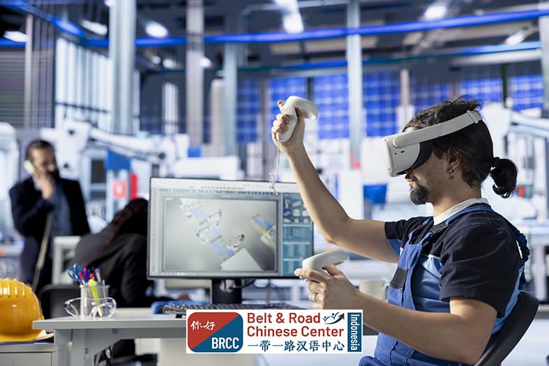 Ahli menggunakan VR headset di lingkungan industri modern simbol integrasi teknologi canggih dalam dunia kerja masa depan