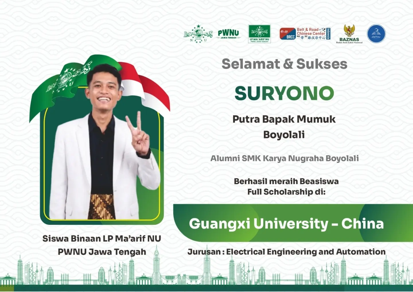 Suryono, Guangxi University Suryono, alumni SMK Karya Nugraha Boyolali, penerima beasiswa penuh di Guangxi University